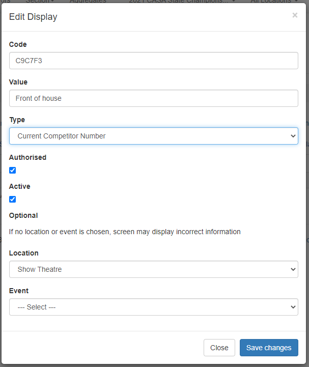 Competitor number display admin