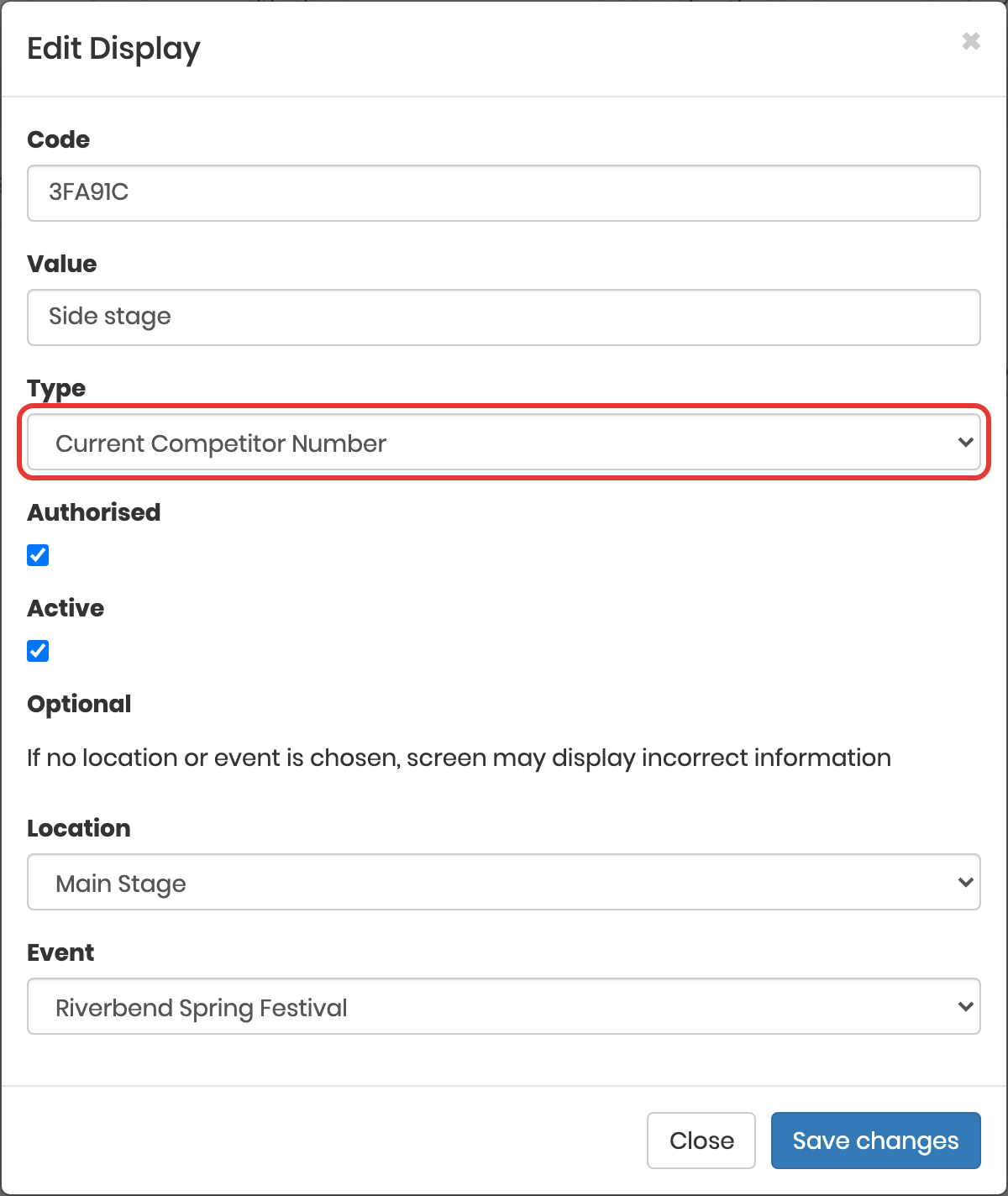 Competitor number display admin