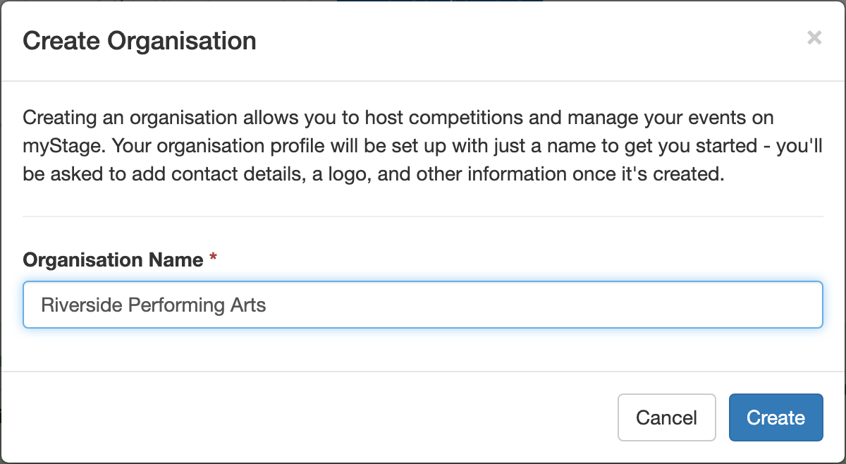 Create Organisation dialog
