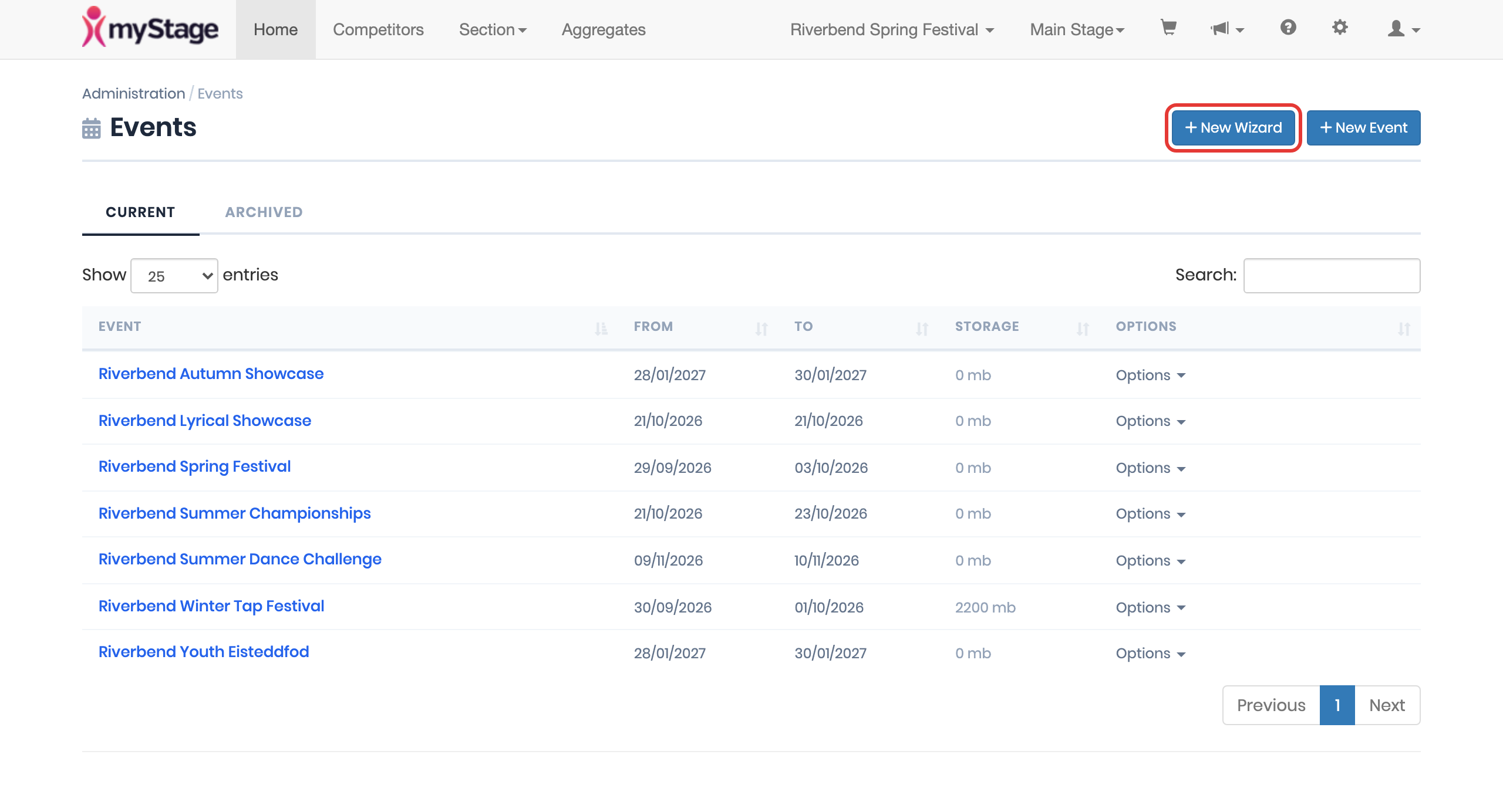 Events page with the New Wizard button