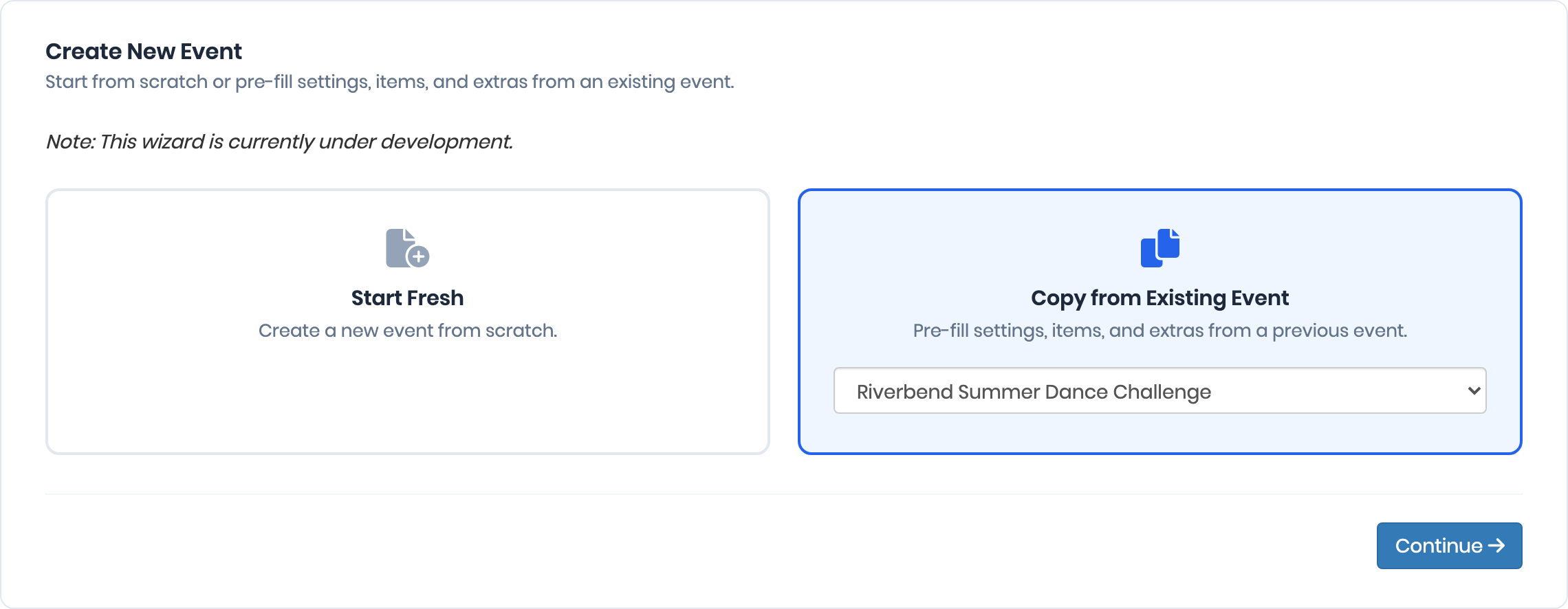 Wizard start page showing Start Fresh and Copy from Existing Event