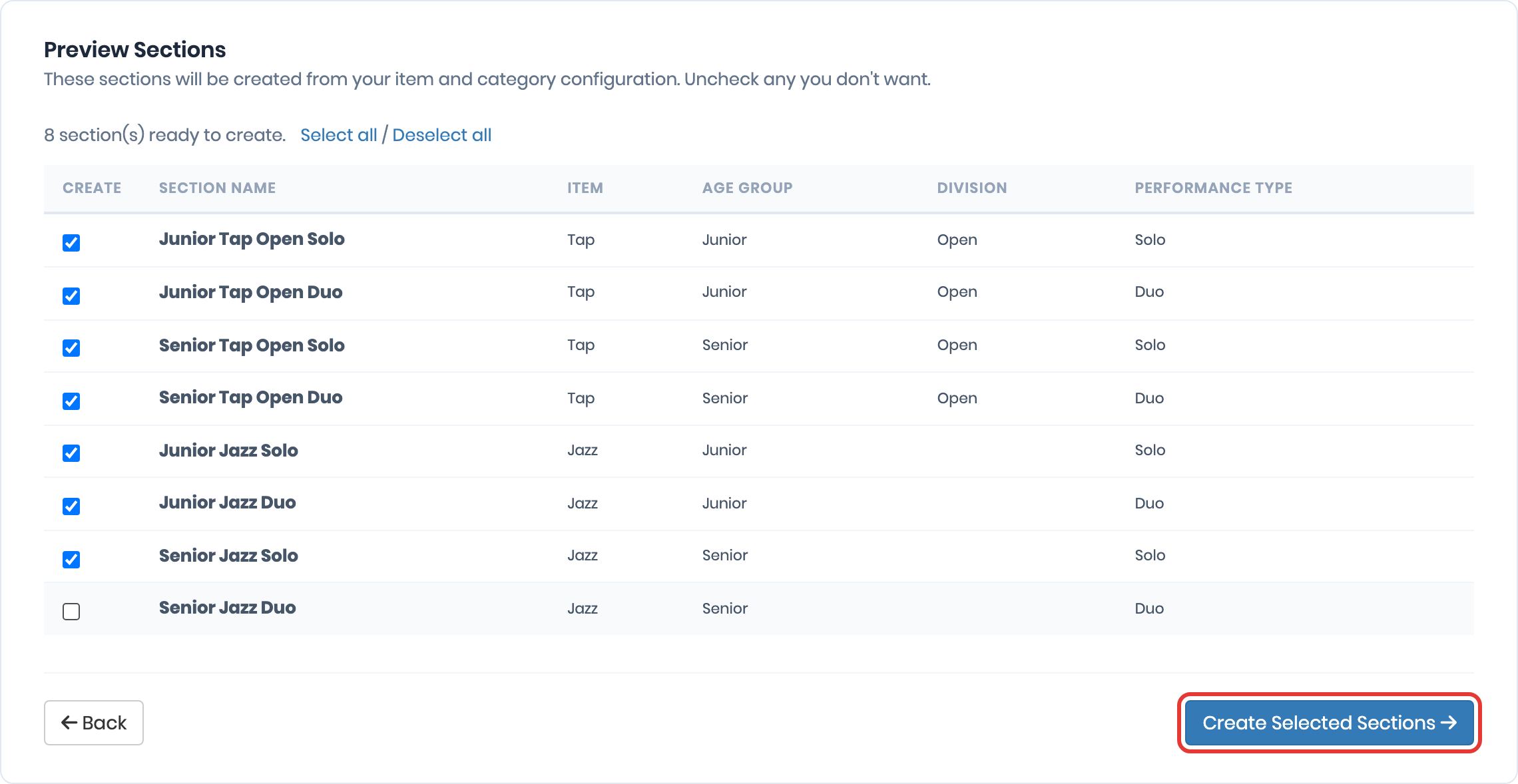 Wizard step 3, Preview Sections