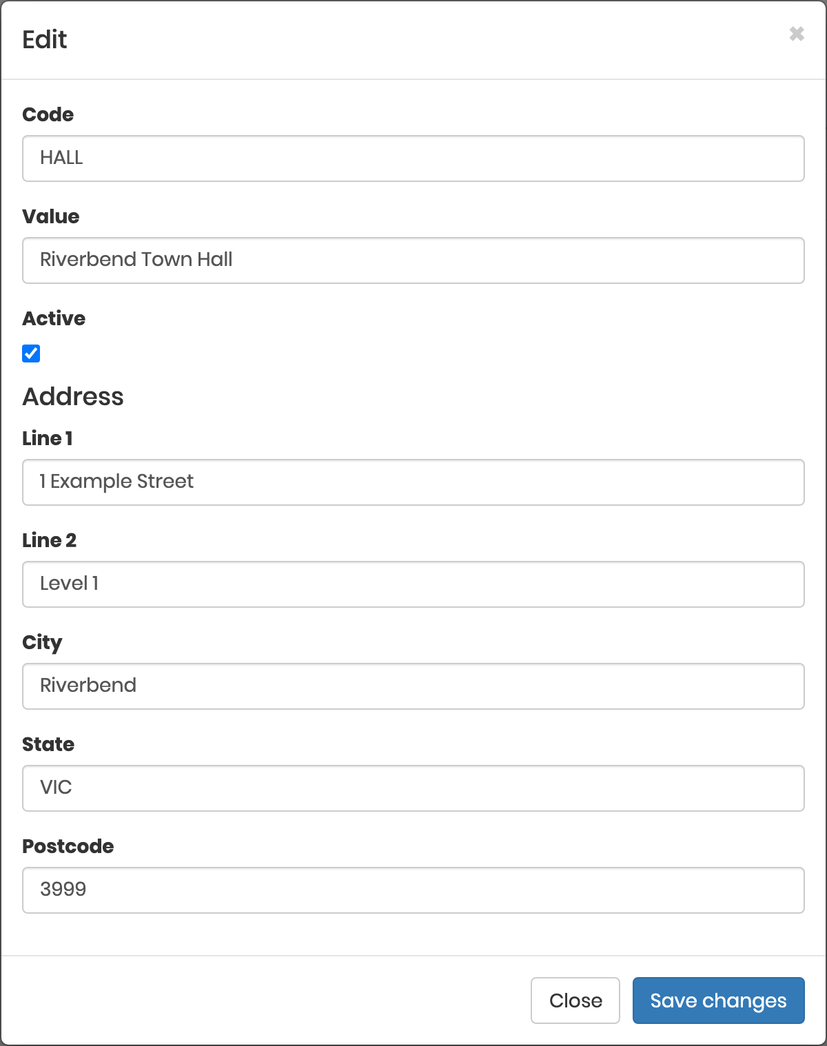 Location edit form with address