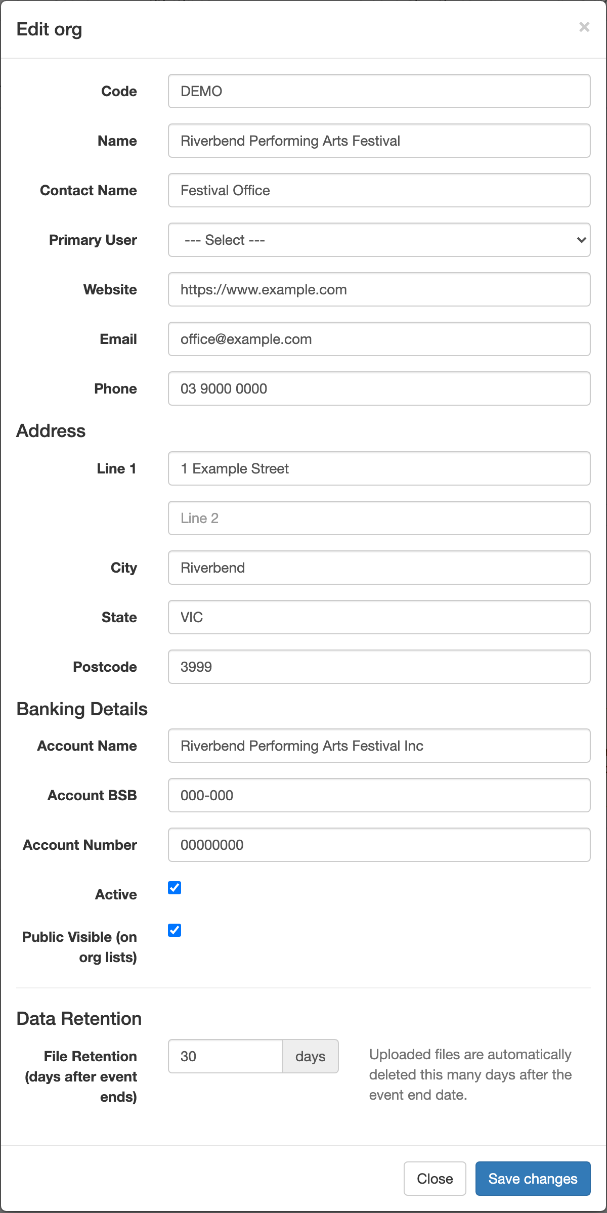 Organisation edit page