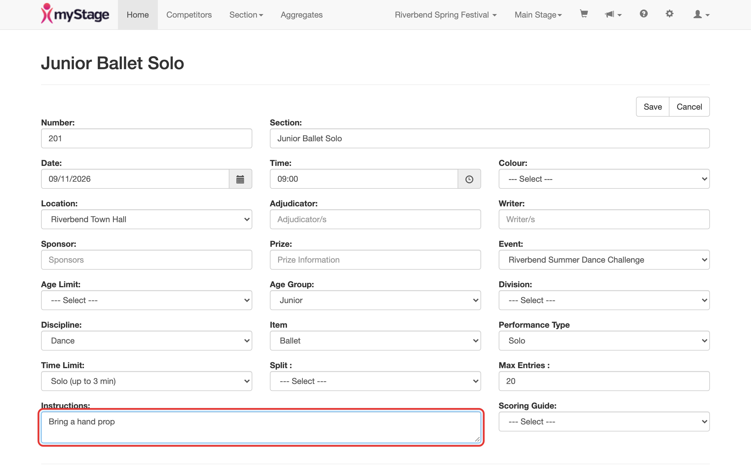 Section edit page with the Instructions field