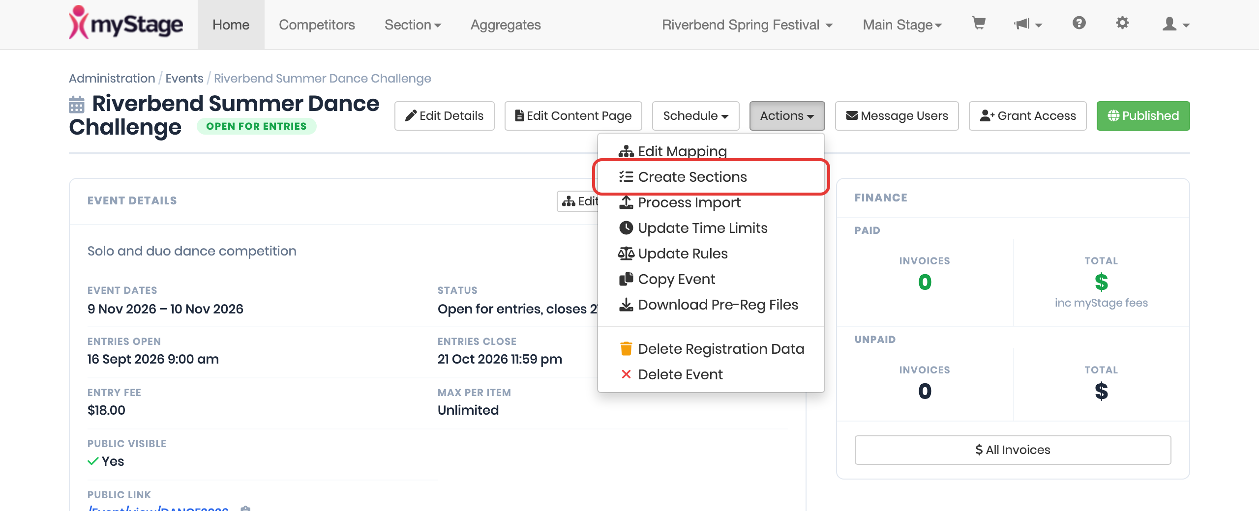 Sections Create Menu Item
