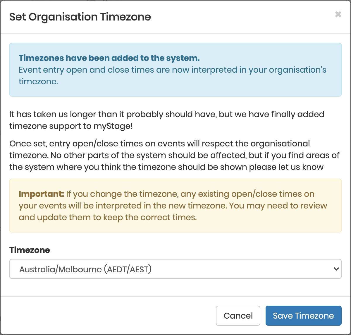 Set Organisation Timezone dialog