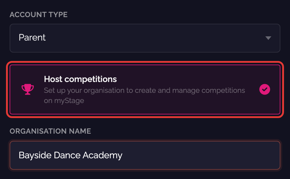 Host competitions option on the sign up page