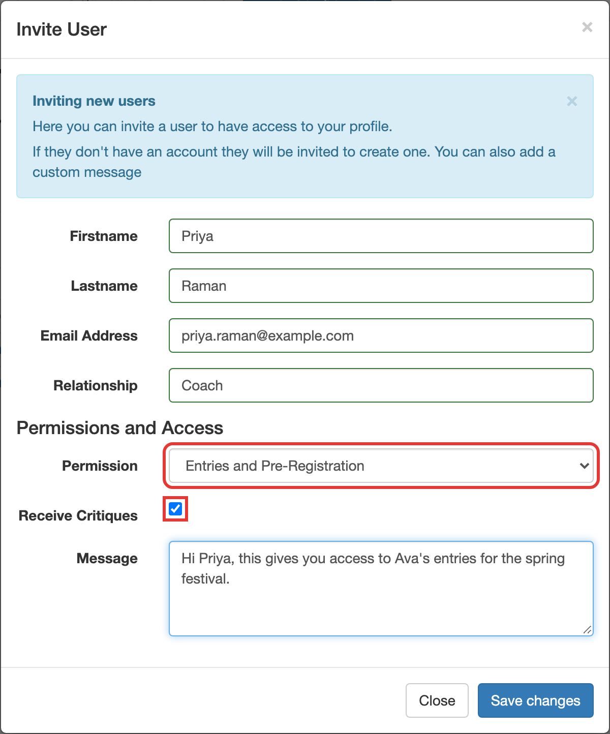 Invite User dialog